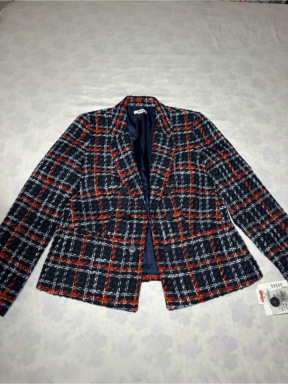 Bar III Women’s Tweed Plaid Blazer Blue Orange Size M NWT
